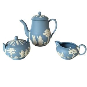 Wedgwood Blue Jasperware Coffee Pot Creamer and Sugar Bowl